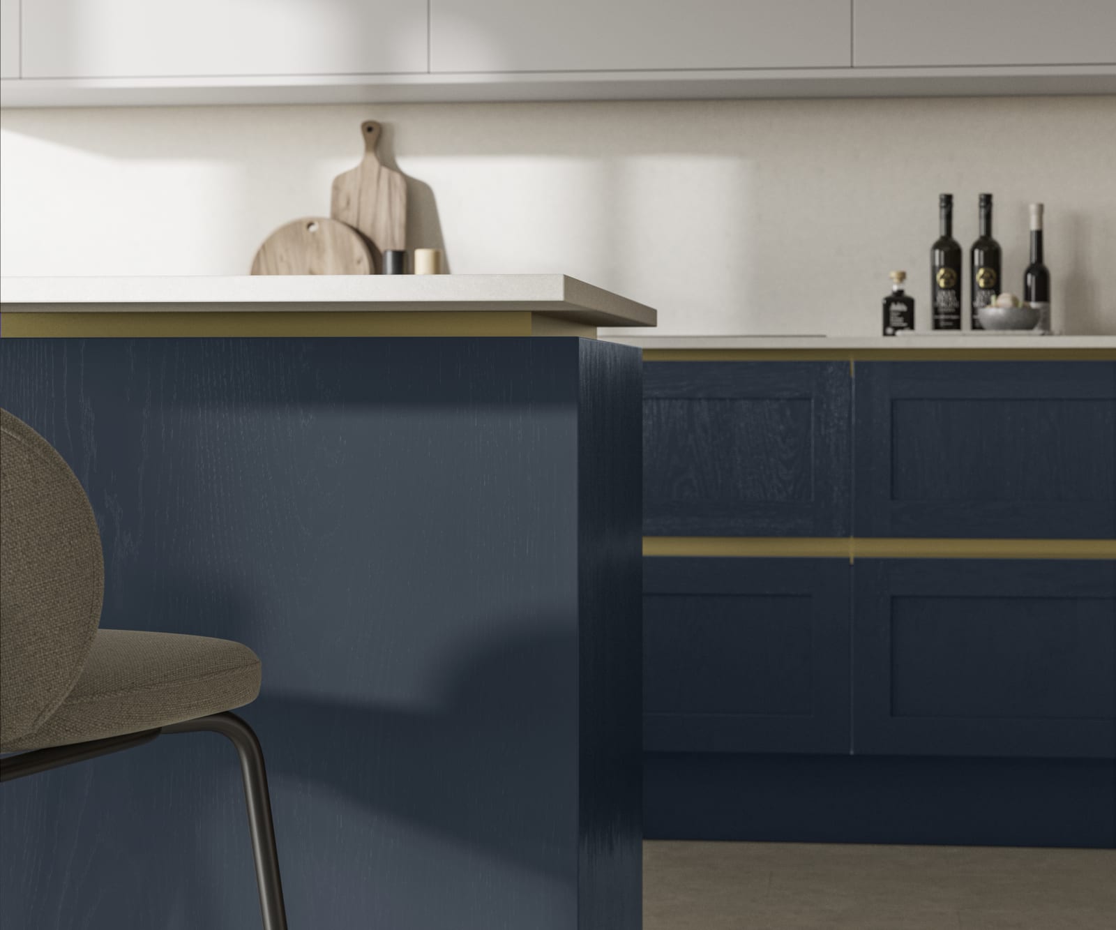 Handleless Shaker kitchen Integra Wardley Midnight is traditional and contemporary with its narrow frame door with integrated handles and a painted timber finish.