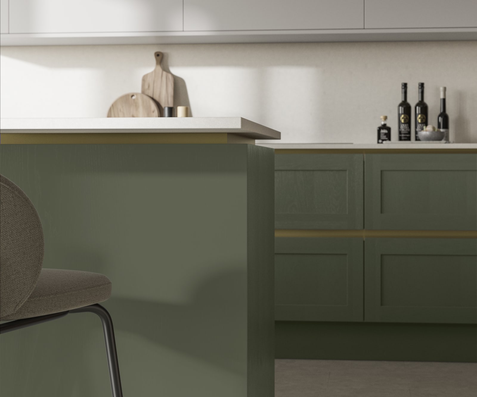 Handleless Shaker kitchen Integra Wardley Thyme is traditional and contemporary with its narrow frame door with integrated handles and a painted timber finish.