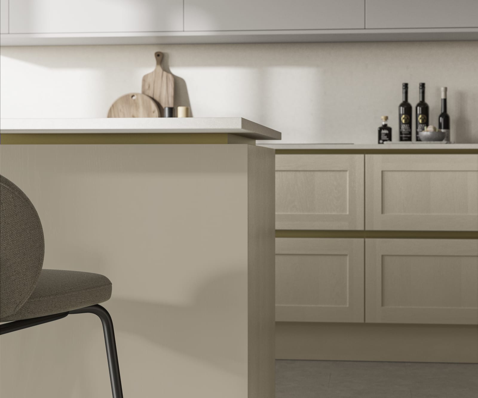 Handleless Shaker kitchen Integra Wardley Pebble Path is traditional and contemporary with its narrow frame door with integrated handles and a painted timber finish.