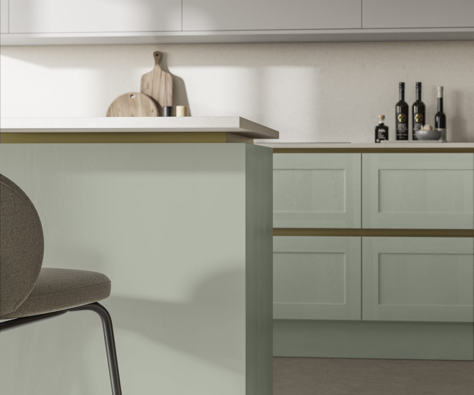 Handleless Shaker kitchen Integra Wardley Seagrass is traditional and contemporary with its narrow frame door with integrated handles and a painted timber finish.