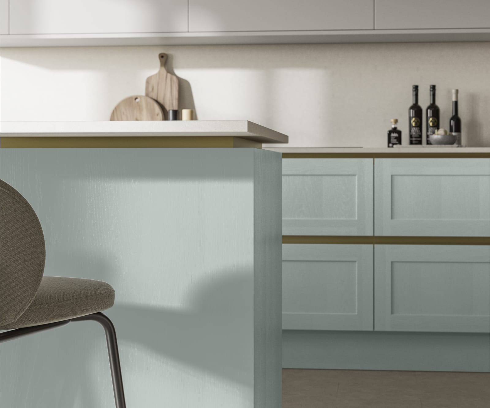 Handleless Shaker kitchen Integra Wardley Sky is traditional and contemporary with its narrow frame door with integrated handles and a painted timber finish.