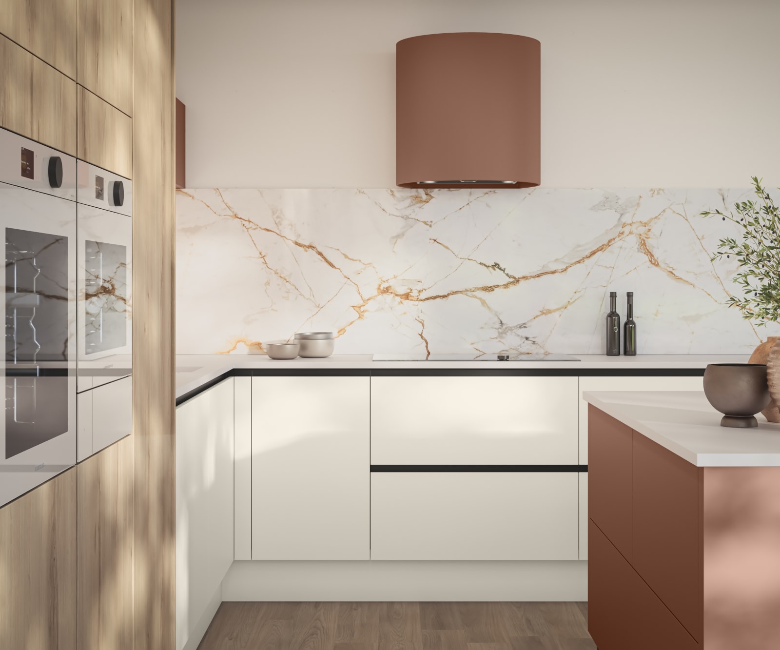 Integra Portobello Bosco as tall cabinets with integrated Samsung Ovens, white handleless Integra Soho cabinetry and a kitchen island in the shade Baked Clay, matching the beautiful fan above hob.