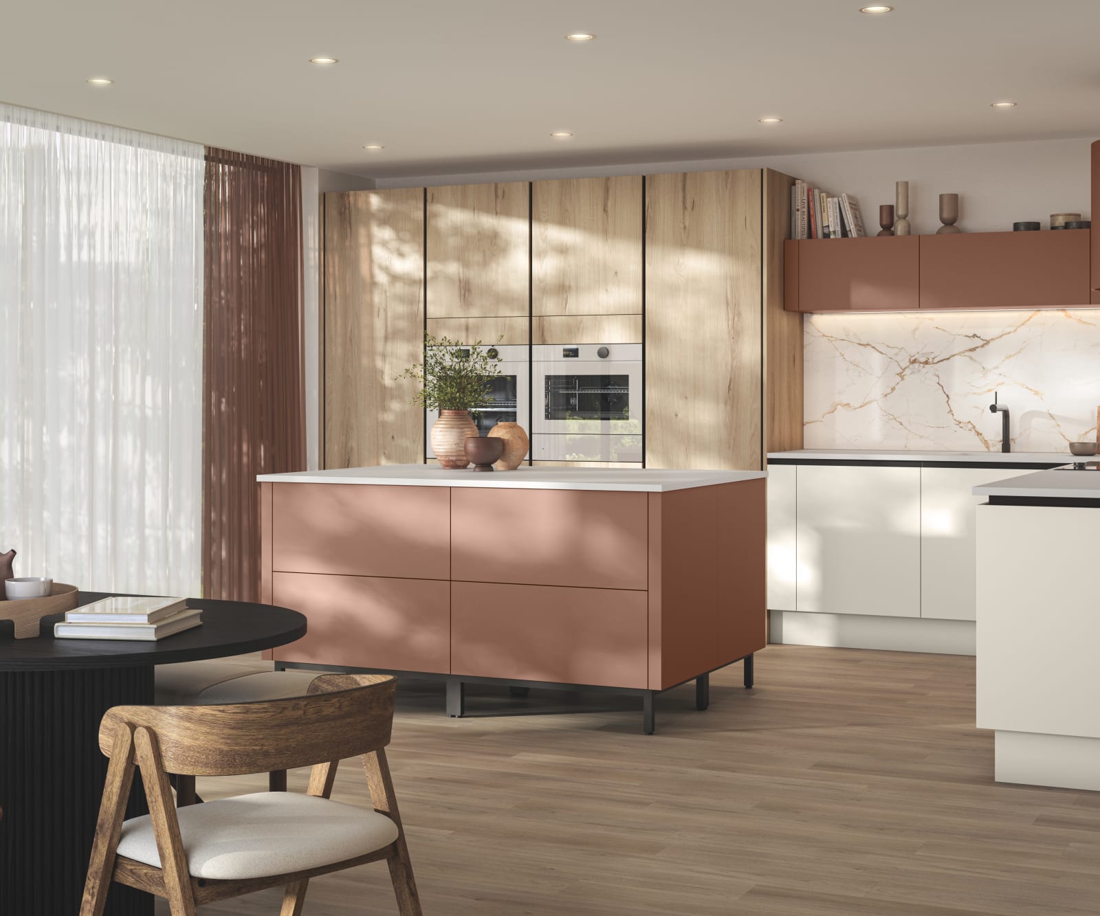 Modern frameless slab door with integrated handles, white cabinets paired with tall light wood Integra Portobello organic woodgrain cabinets and a kitchen island in the shade Baked Clay, Integra Soho from Magnet.