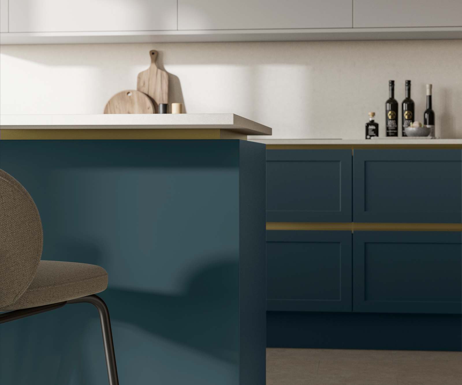 Integra Dunham Carrington Blue, a handleless shaker frontal with brass details and a white worktop..