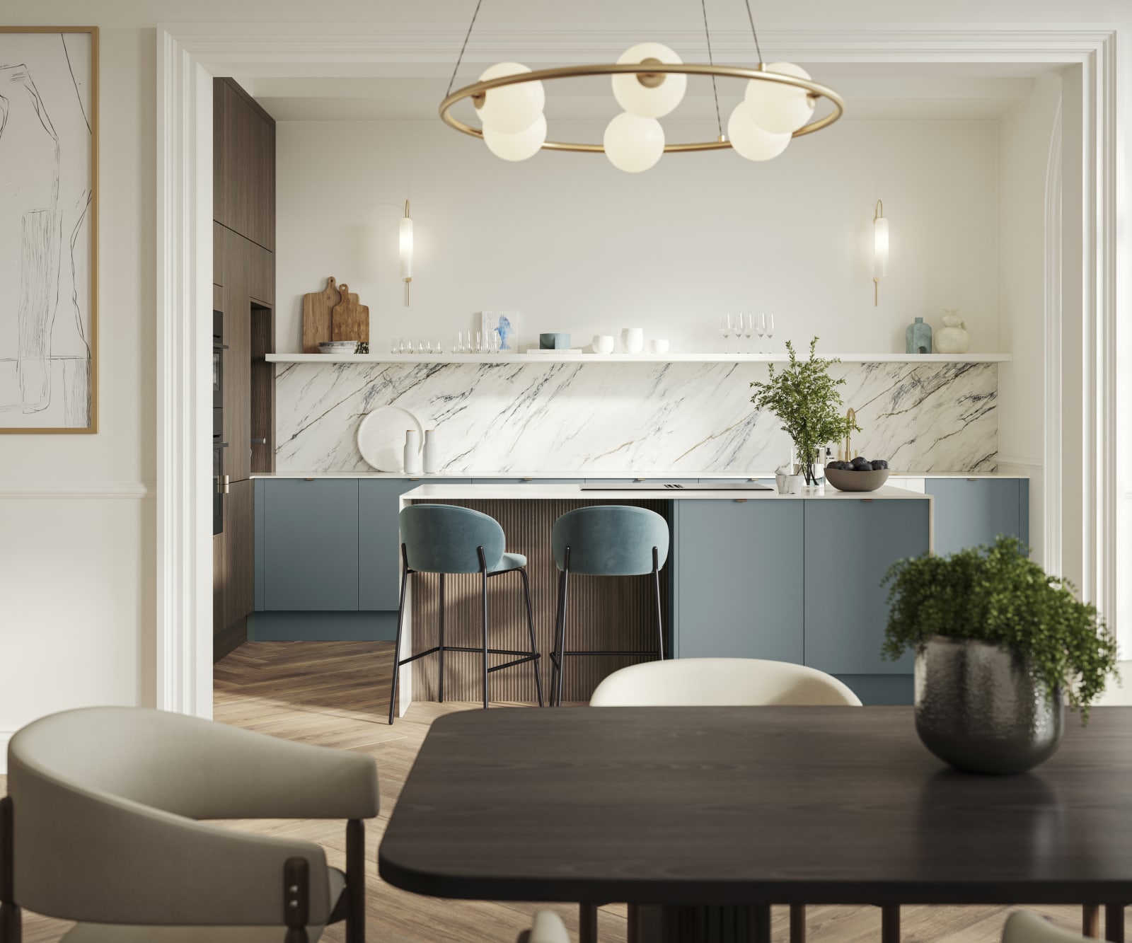 View of kitchen island in Soho Duck Blue kitchen from Magnet combined with Nordic Nature wood and paired beautifully with a marbled splashback.