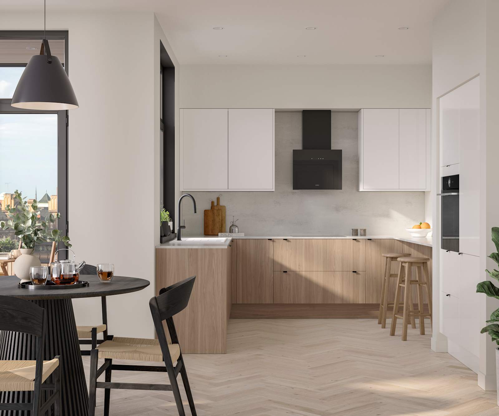 Open floorplan Ascoli kitchen from Magnet with Natural Oak cabinetry, a white worktop, Ascoli Gloss white wall cabinets over countertop and matching tall cabinets with a built-in oven all paired with small black handles, a black tap and black hood.