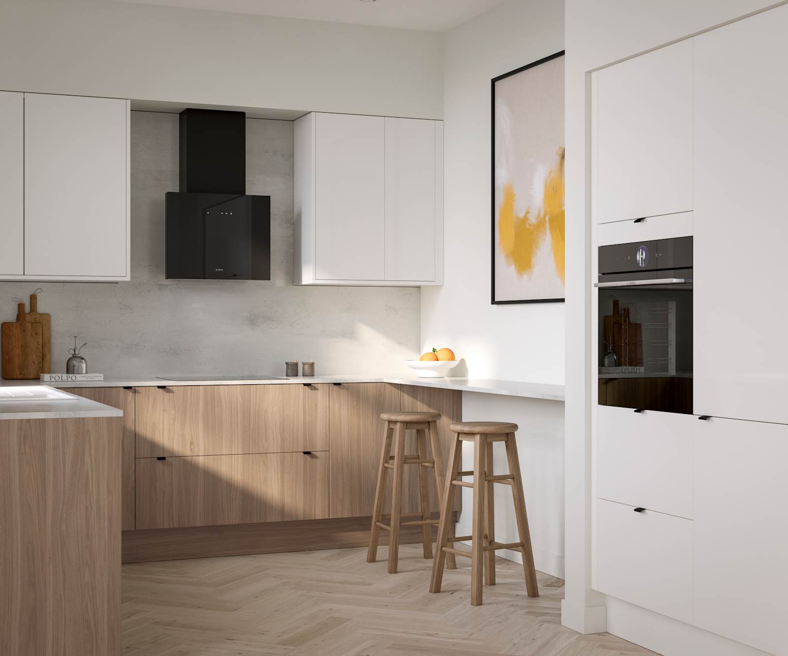 Ascoli Natural Oak kitchen cabinetry covered by a white worktop extending from cabinets to a bar seating area with light wood stools, Gloss white wall cabinets and, tall cabinets with a built-in oven all paired with black accessories, wood floors.
