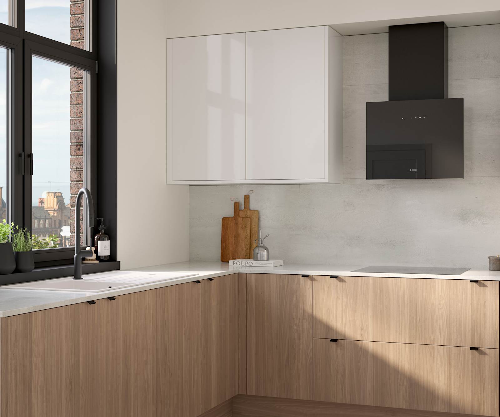 Ascoli kitchen from Magnet with Natural Oak cabinetry, a white worktop, Ascoli Gloss white wall cabinets over countertop paired with matching black handles, tap, hood and window frame over white sink.