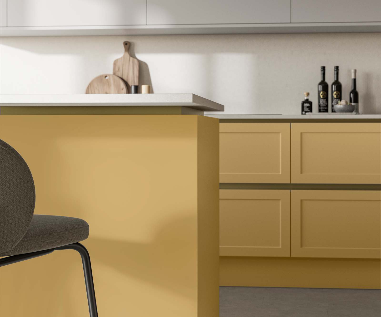 Integra Dunham Harvest, a handleless shaker frontal with brass details and a white worktop..