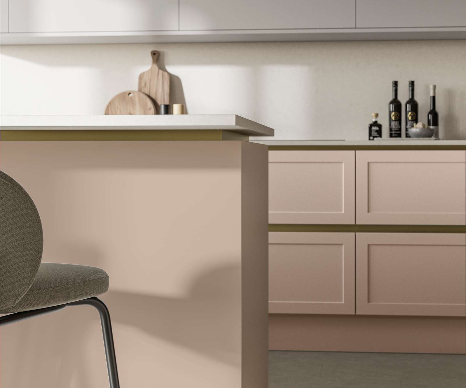Integra Dunham Chalk Blush, a handleless shaker frontal with brass details and a white worktop..