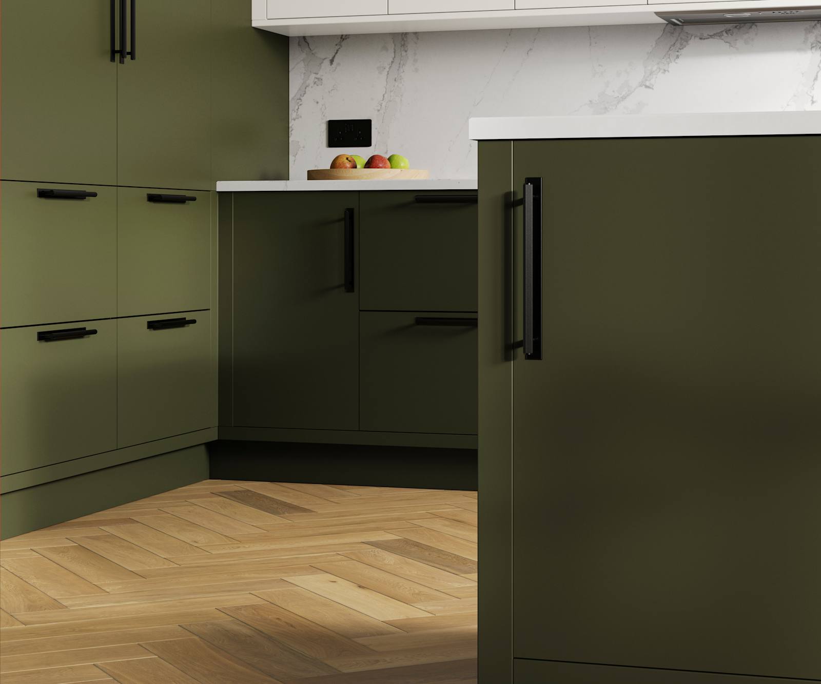 Modern slab front Soho Tailored Green kitchen with black handles, white marbled worktop and matching backsplash, wooden herringbone parquet flooring.