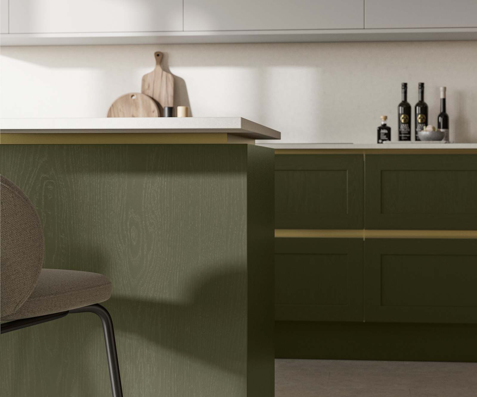 Handleless Shaker kitchen Integra Wardley Tailored Green is traditional and contemporary with its narrow frame door with integrated handles and a painted timber finish.