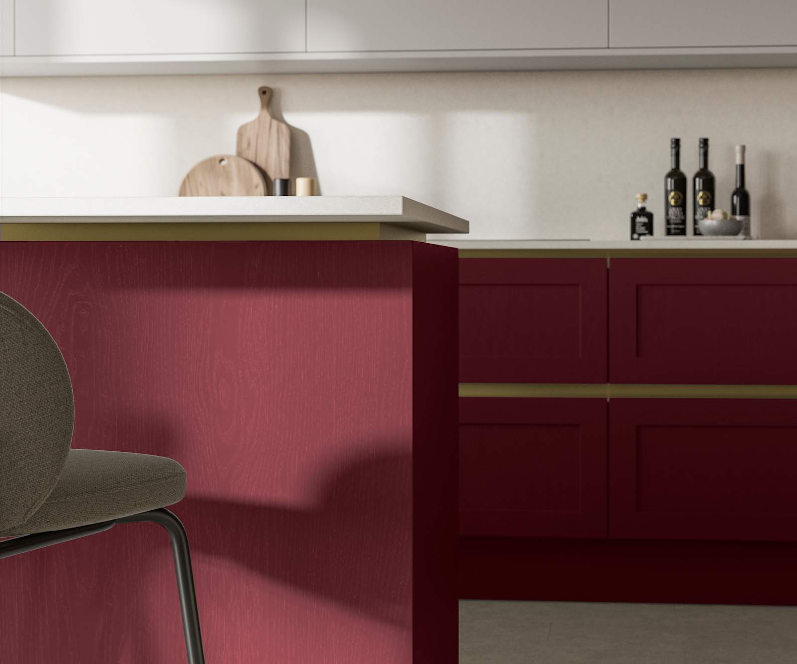 Handleless Shaker kitchen Integra Wardley Morello is traditional and contemporary with its narrow frame door with integrated handles and a painted timber finish.