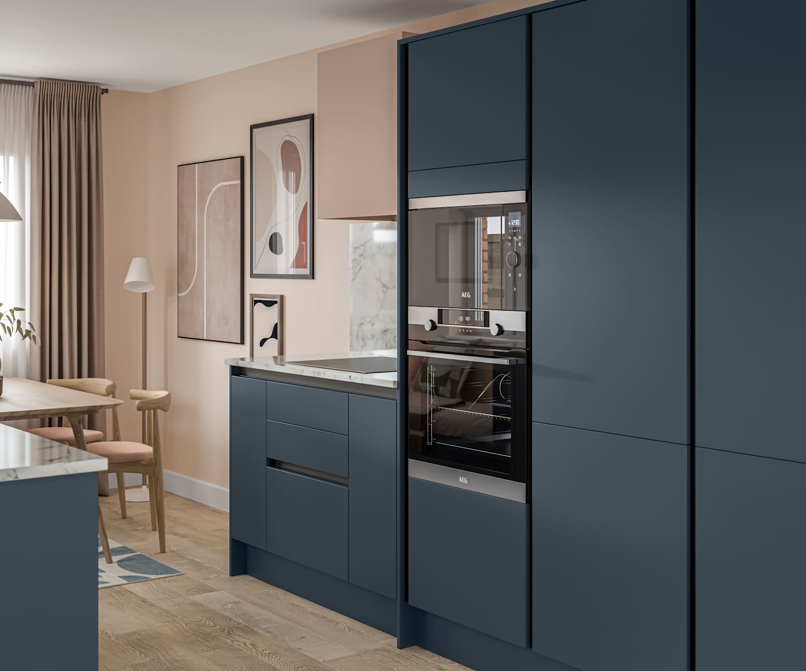 Handleless Integra Ascoli Mineral Blue, a dark blue kitchen with built-in ovens in tall cabinetry, an induction hob in white and grey marbled worktop with matching upstand.