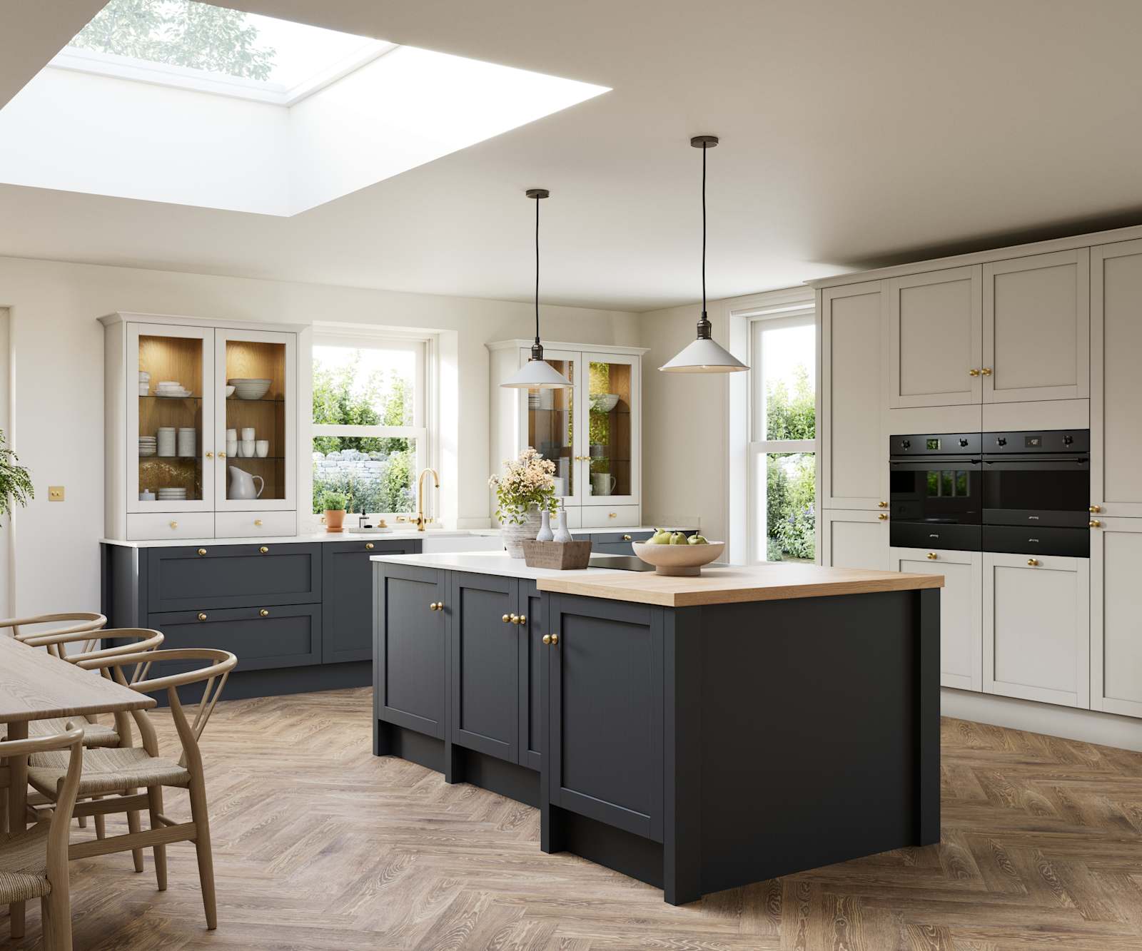 Contemporary Shaker kitchen island Ambleside from Magnet in deep blue shade Lake with beige tall cabinets, herringbone wood flooring and wood diningroom table