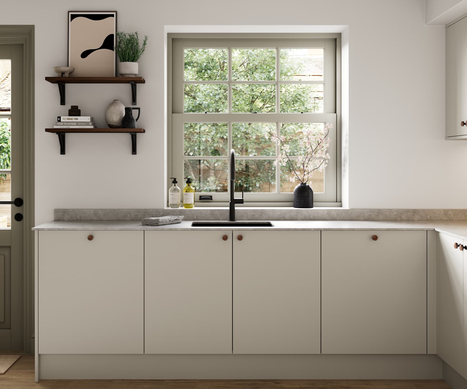 Modern slab kitchen Ascoli in neutral shade Limestone with brass knobs and black tap