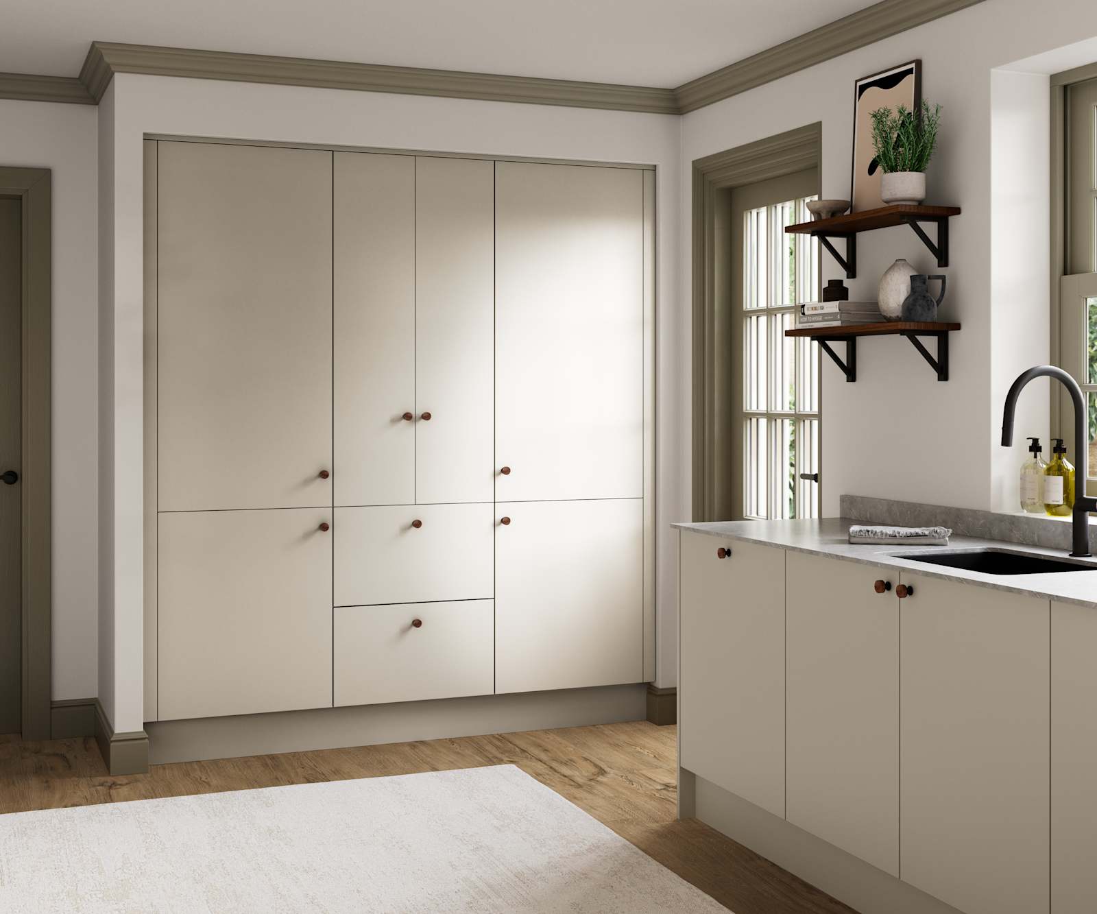Modern slab kitchen Ascoli in neutral shade Limestone with brass knobs and black tap