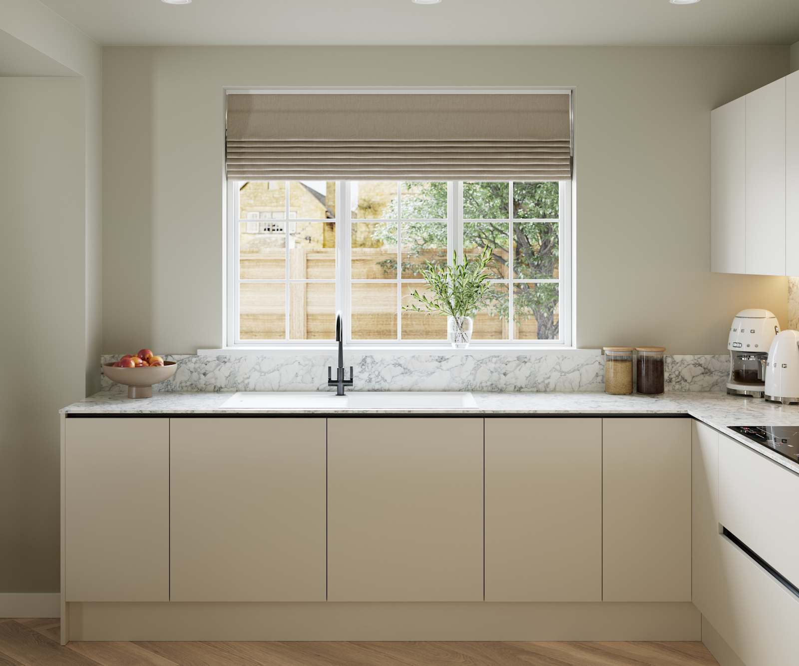 Open plan light neutral shade fluted kitchen with integrated appliances, white and grey marble worktop and upstand. Herringbone wood flooring.