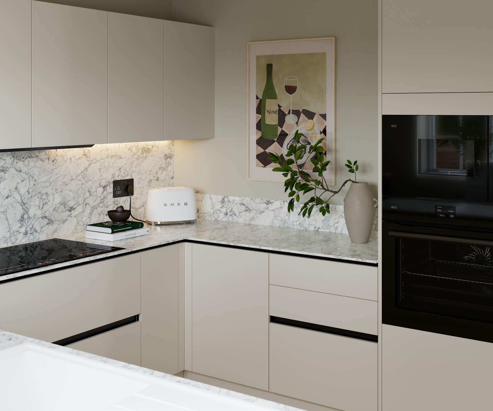 Light neutral shade fluted kitchen  with integrated appliances, white and grey marble worktop and upstand.