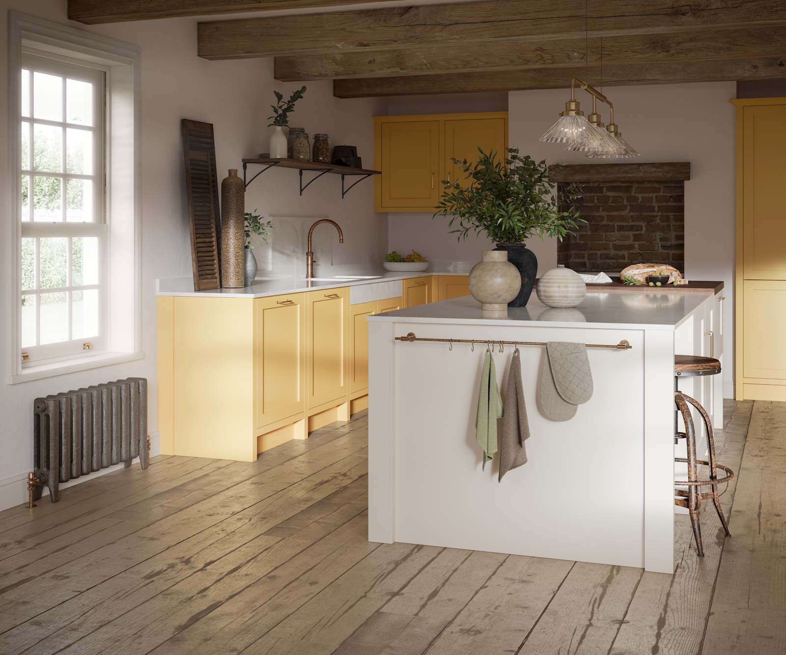 Open floorplan shaker kitchen in the bright and beautiful yellow shade Harvest, paired with a kitchen island with matching frame door cabinets in the shade Limestone.