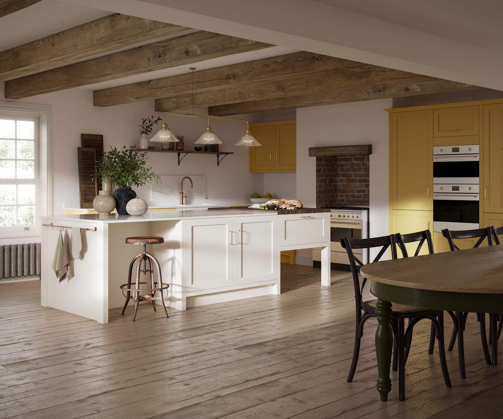 Open floorplan shaker kitchen in the bright and beautiful yellow shade Harvest, paired with a kitchen island with matching frame door cabinets in the shade Limestone.