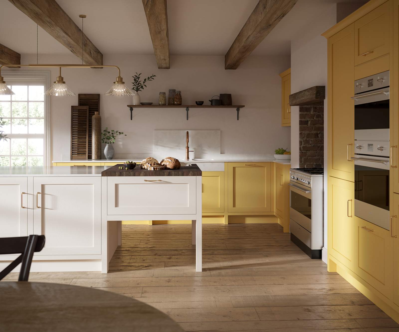 Open floorplan shaker kitchen in the bright and beautiful yellow shade Harvest, paired with a kitchen island with matching frame door cabinets in Limestone.