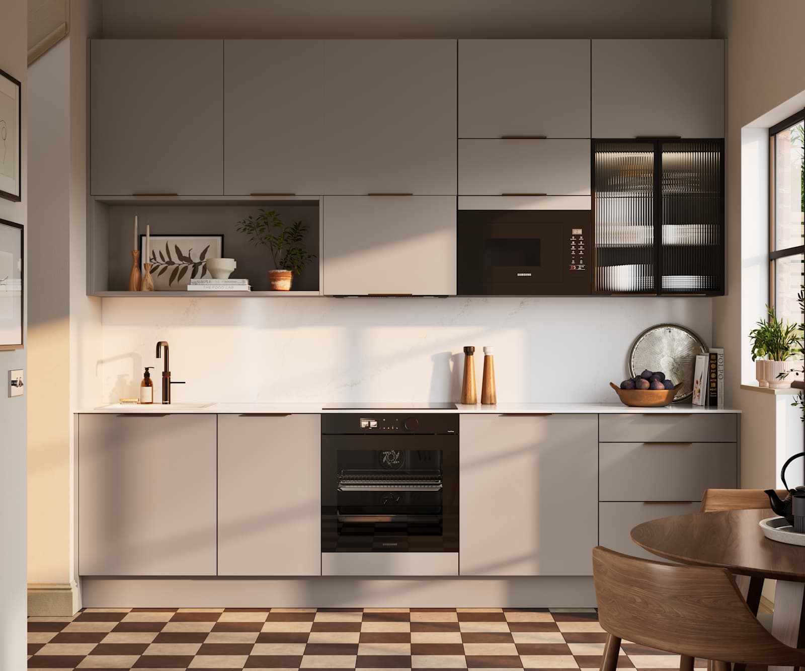Modern slab front Soho Cornish Clay kitchen from Magnet in Pantone’s colour of the year ‘Mocha Mousse’ with bronze trim handles, handles, silestone quartz worktop and matching backsplash, checkered flooring.
