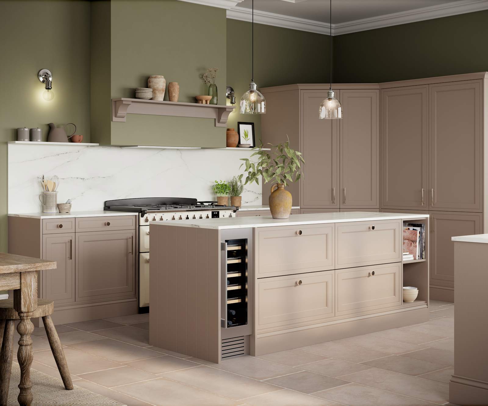 Shaker style painted wood grain Bewdley kitchen in neutral shade Cornish Clay, tall cabinets and kitchen island with marbled worktop and matching backsplash, wine cooler in the kitchen island and gas range cooker.