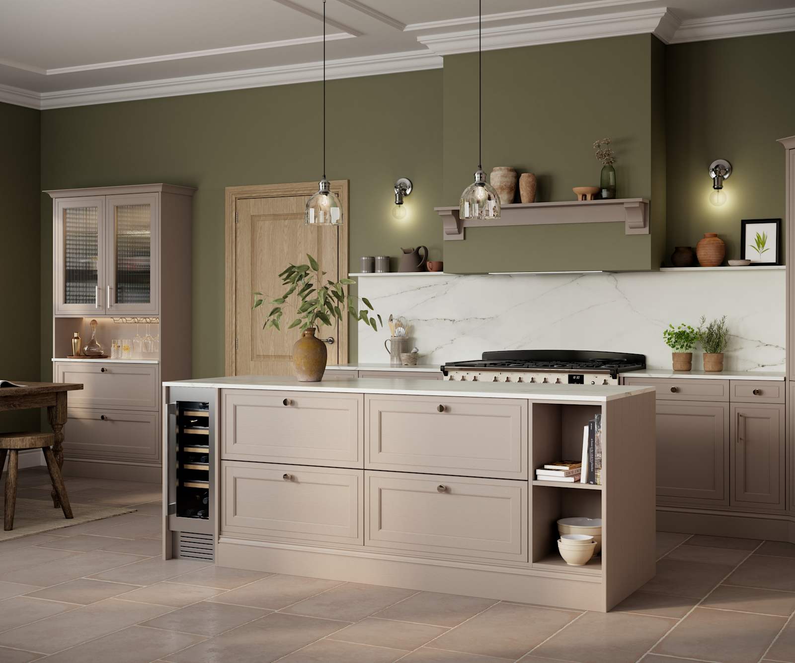 Shaker style painted wood grain Bewdley kitchen in neutral shade Cornish Clay, tall cabinets and kitchen island with marbled worktop and matching backsplash, wine cooler in the kitchen island and gas range cooker.