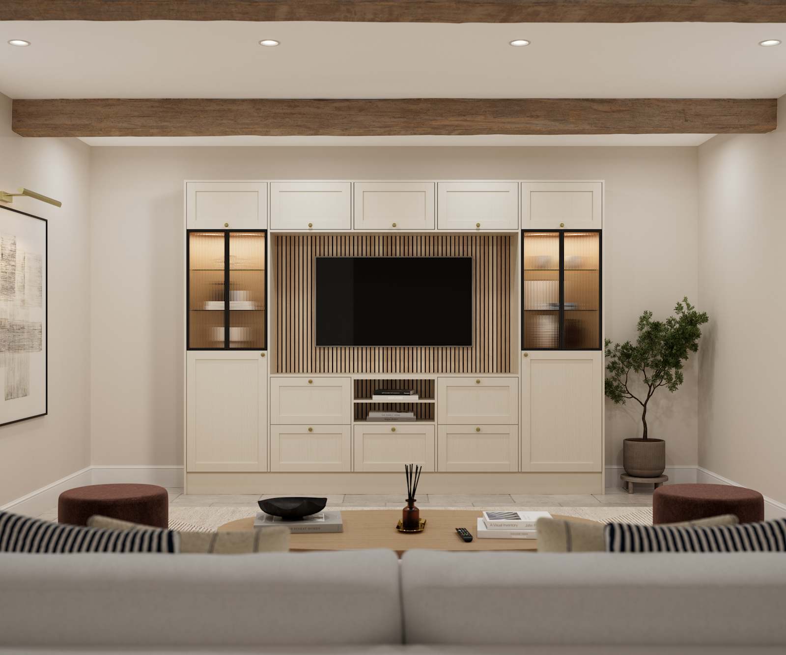 Media wall with Ambleside Shaker style cabinets, with sleek and modern frame width in the beige neutral cream shade Sand and fluted glass black aliminum framed vitrine.