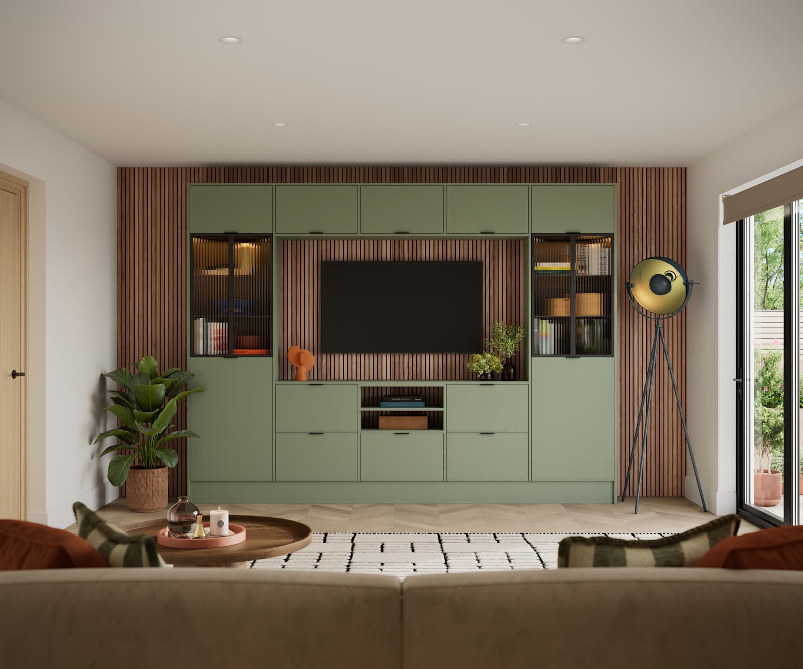 Media wall with modern slag-door contemporary Ascoli Woodland Green cabinetry with vitrine cabinets, fluted glass amd wood wall panelling.