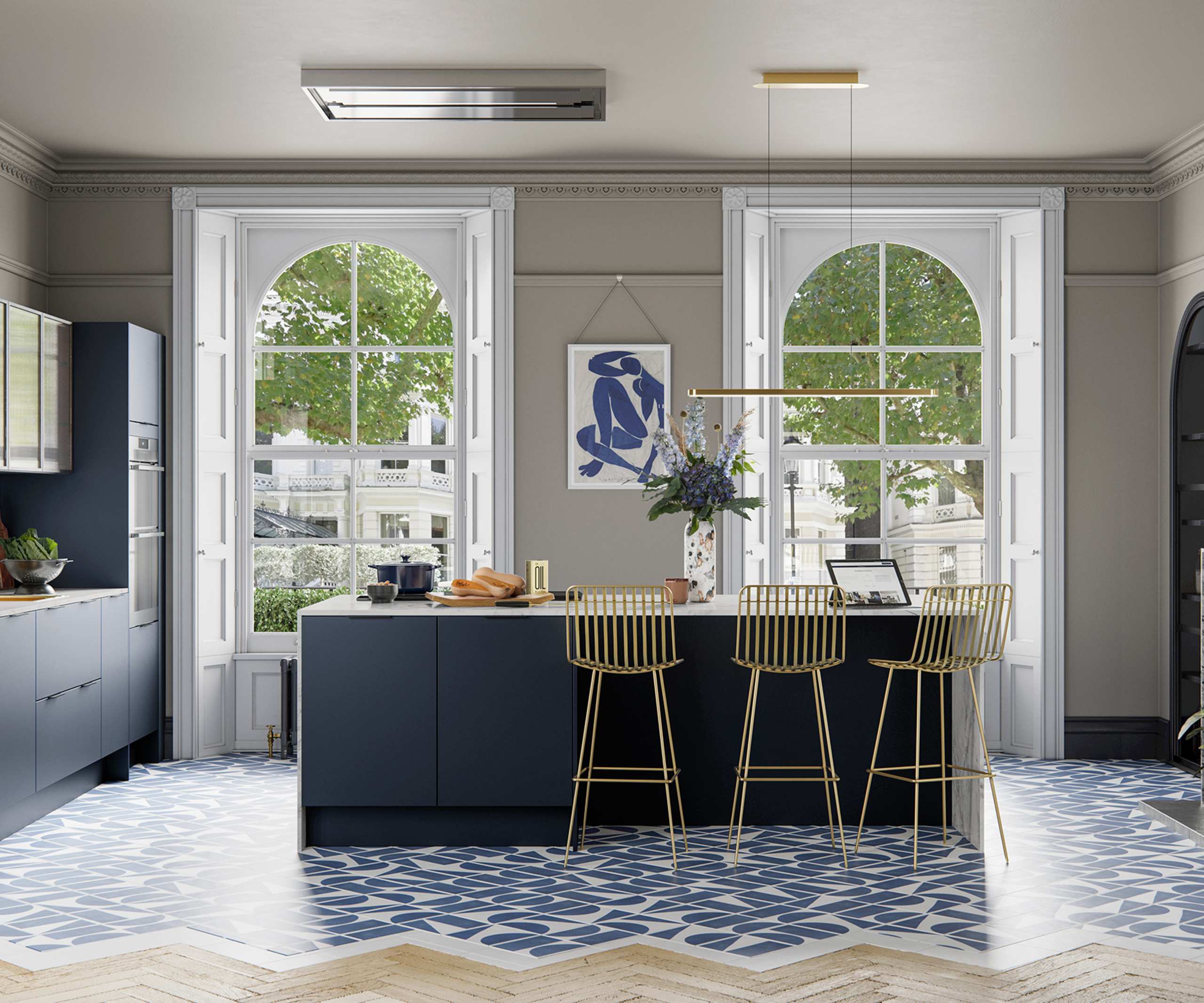 Hoxton kitchen. Smooth slab doors in a painted effect finish. Minimalist styling with your choice of handles and three colours.