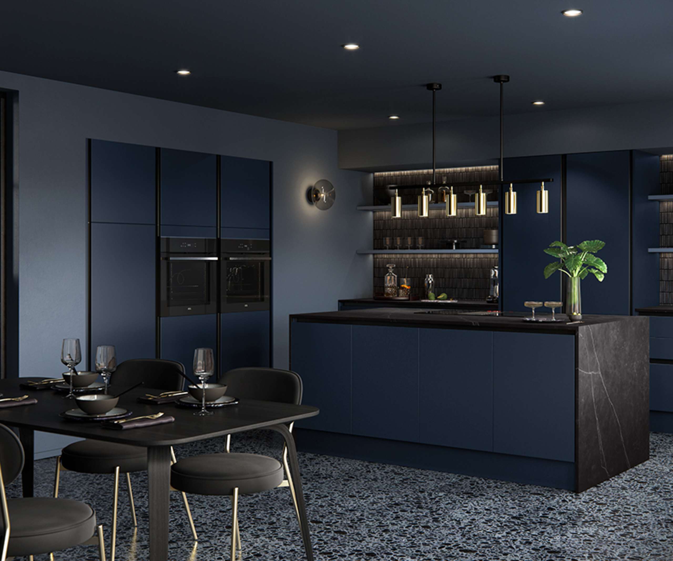 Integra Hoxton Kitchen from Magnet available in metallic midnight blue. Smooth slab doors and a painted effect finish.