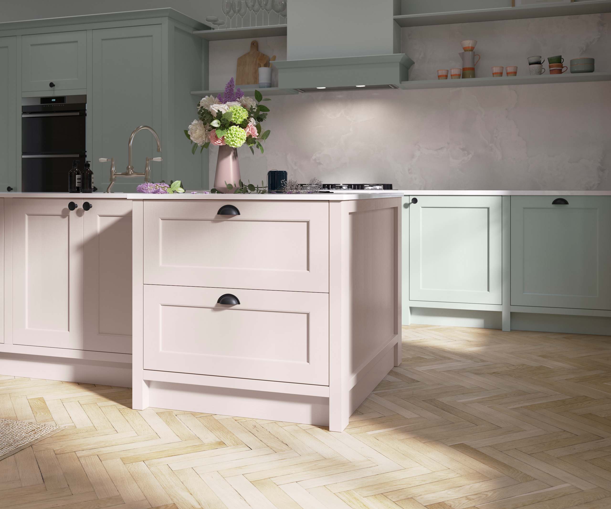 Ludlow, a traditional Shaker-style kitchen range featuring panelled doors with visible woodgrain and beading detail, in the light airy shade Seagrass.