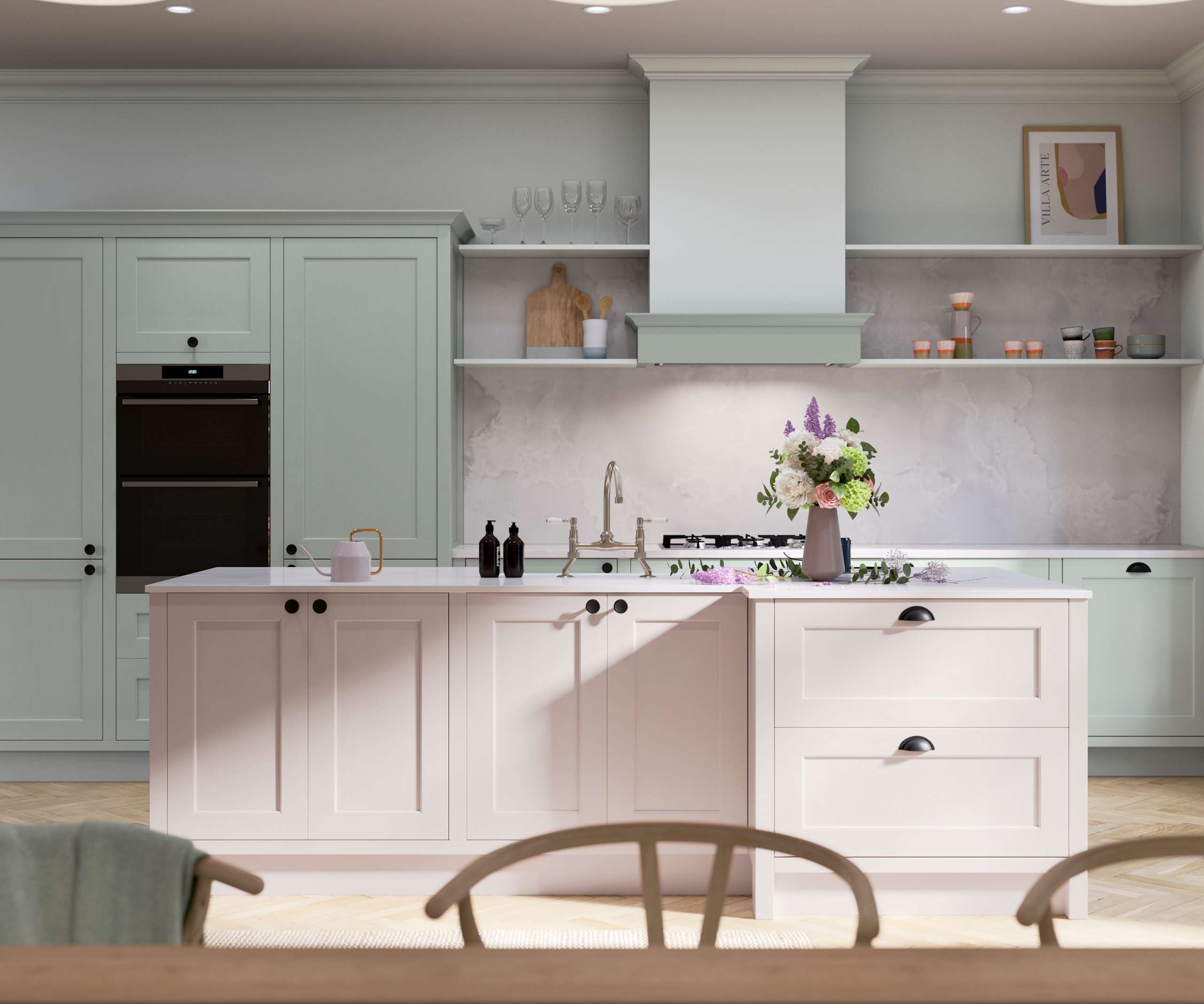 Ludlow, a traditional Shaker-style kitchen range featuring panelled doors with visible woodgrain and beading detail, in the light airy shade Seagrass.