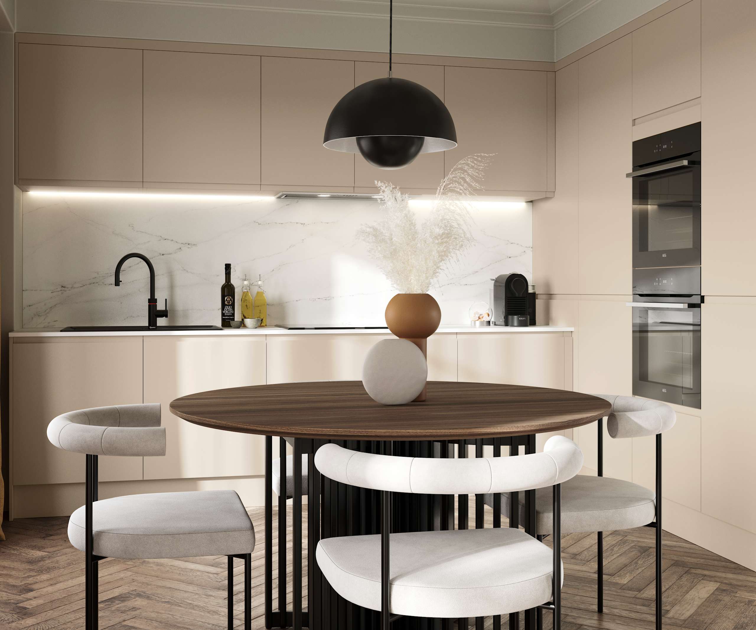 Luna in the shade Pebble is the ideal base for a minimalist kitchen design with its integrated handle that gives any kitchen a beautiful, sleek finish.