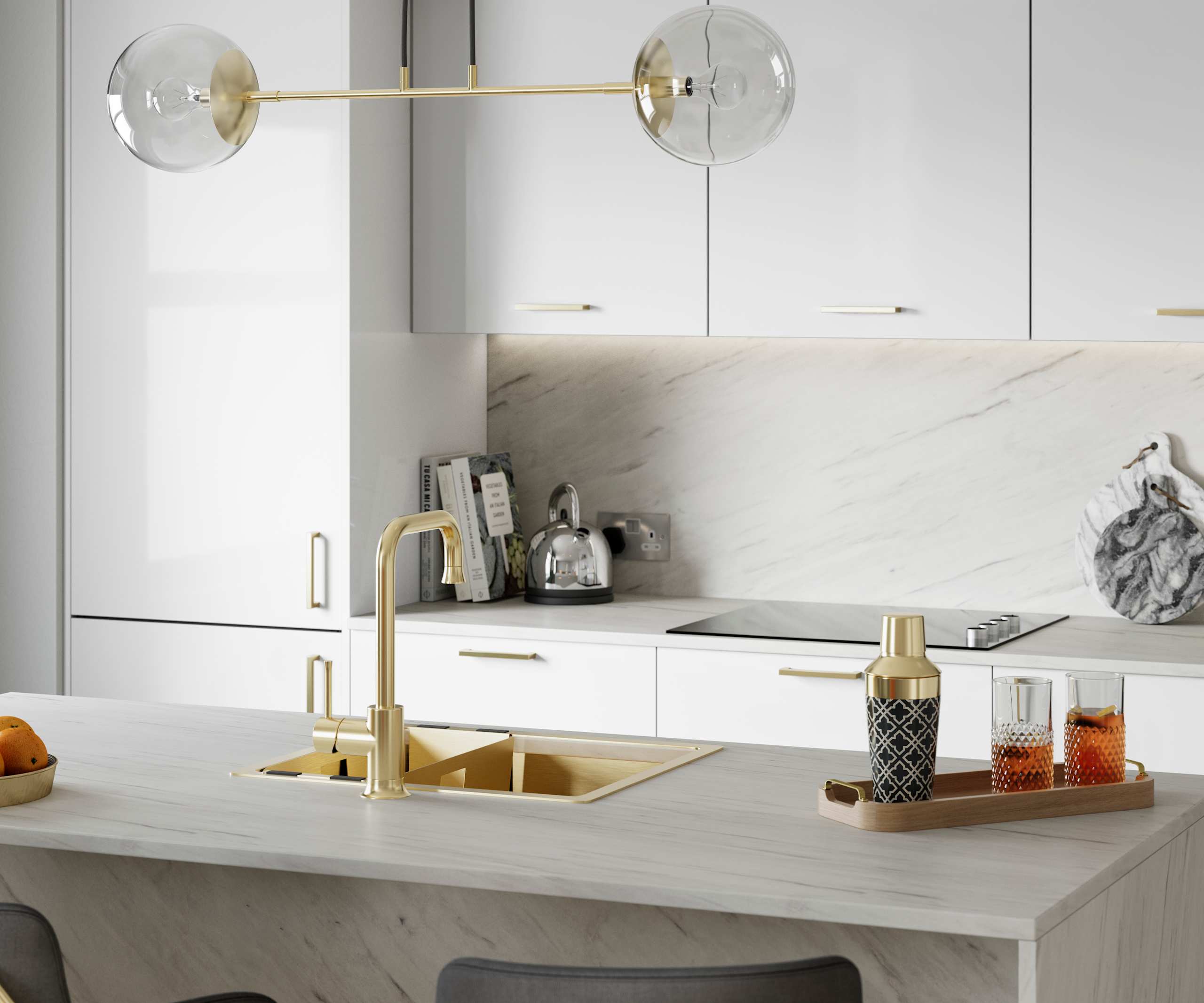 Close-up view of brass details in Nova Gloss White smooth slab surface kitchen.