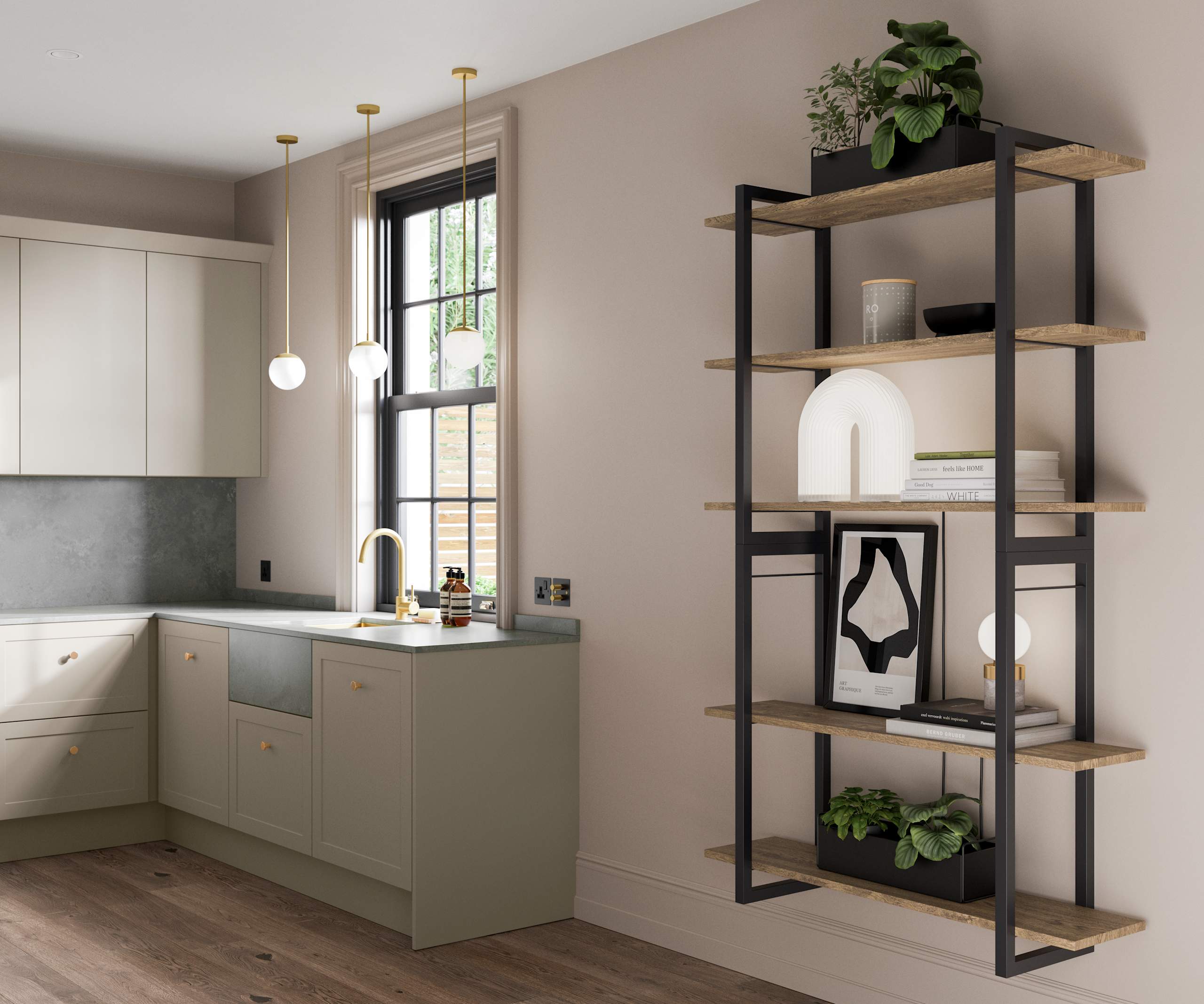Dunham Pebble path kitchen combined with open wooden wall shelves on black matt metal frame.