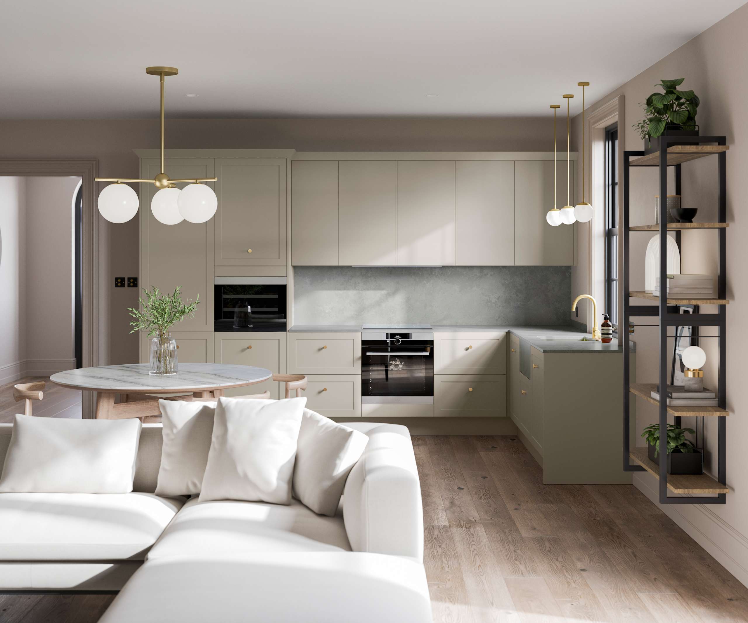 Modern and neutral shade of Dunham kitchen in an open plan kitchen.