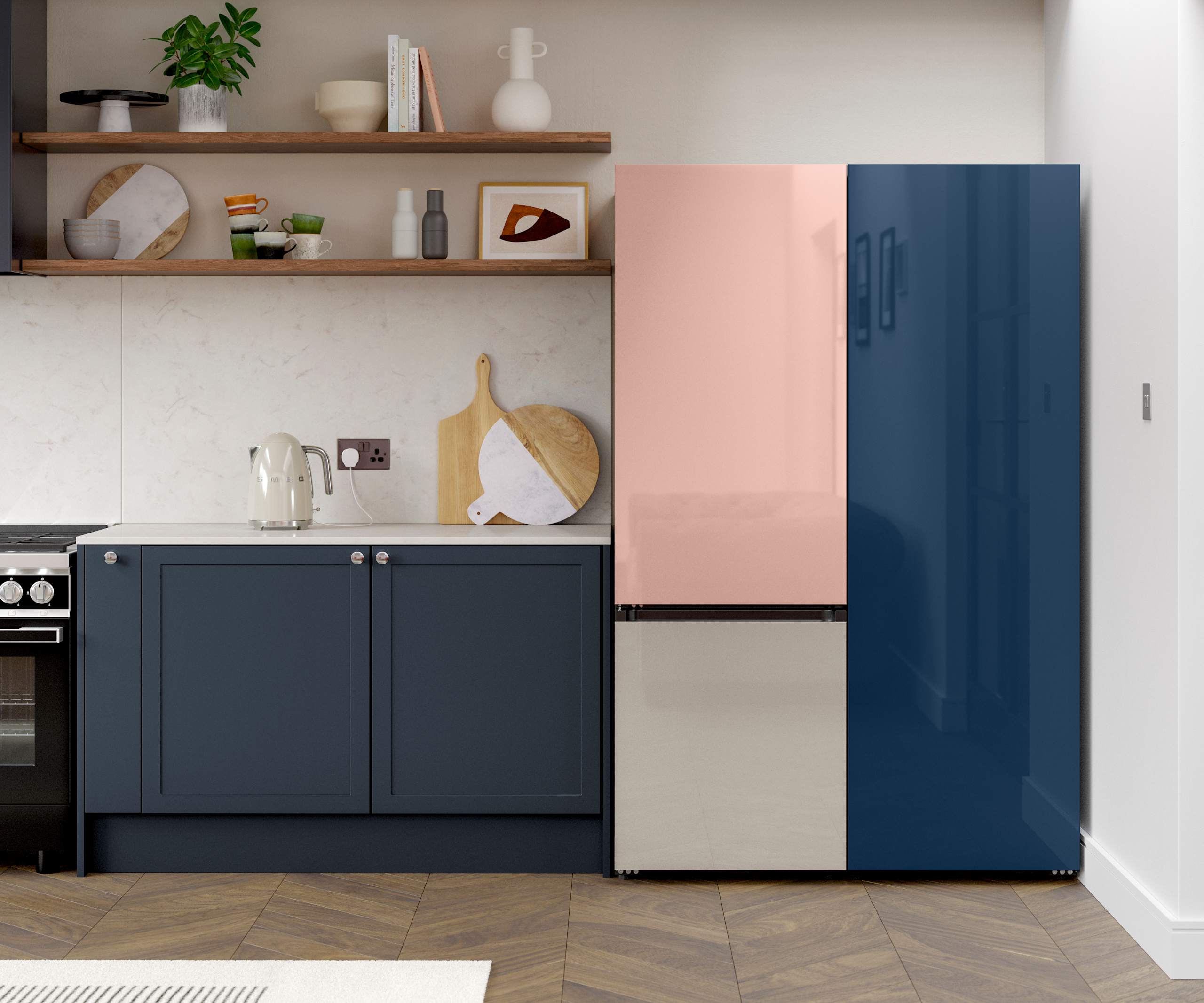 Dunham in Midnight, with its thin frame and smooth painted finish with no visible woodgrain, provide a contemporary feel to a traditional look. Paired with marbled splashback.