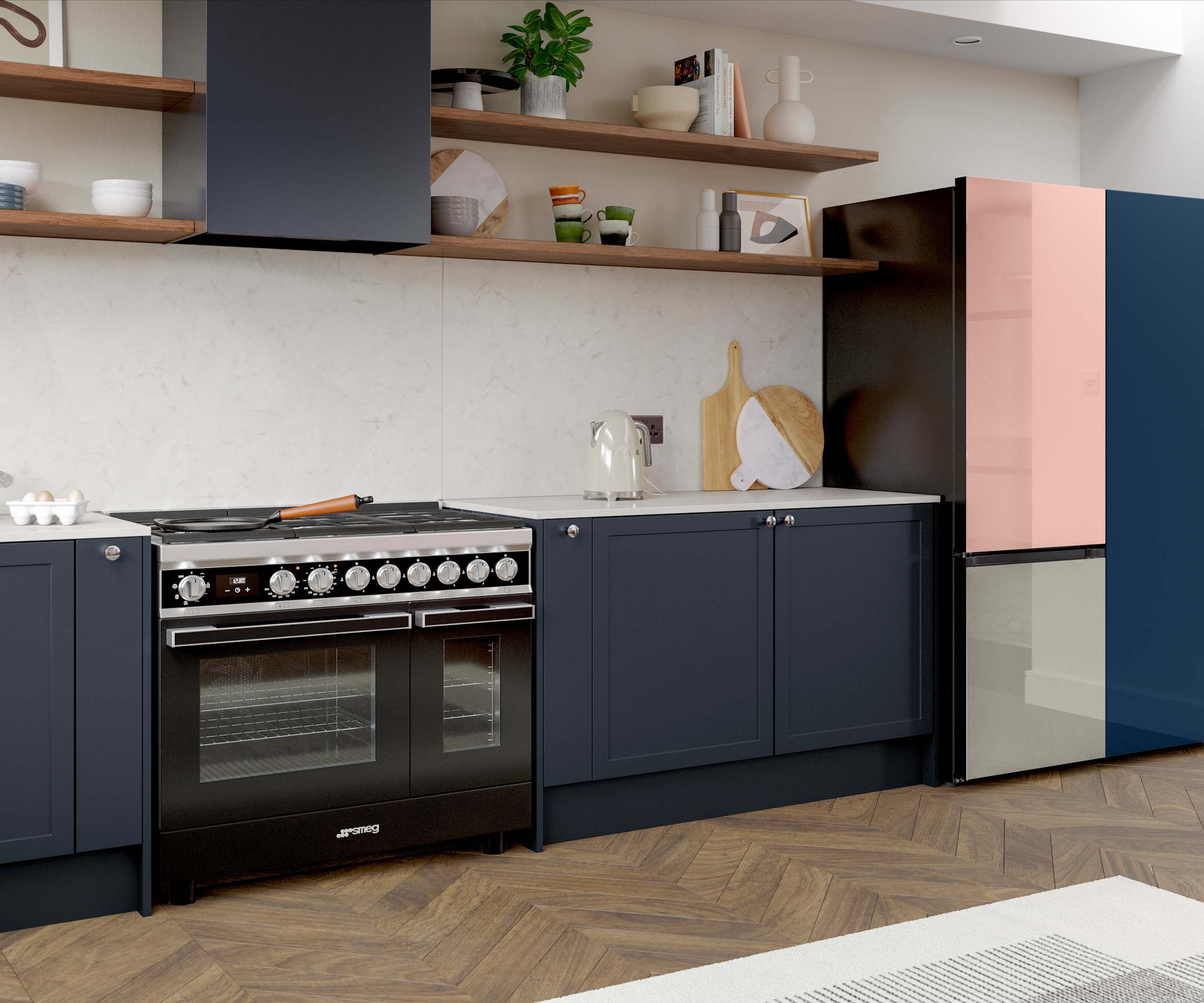 Dunham in Midnight, with its thin frame and smooth painted finish with no visible woodgrain, provide a contemporary feel to a traditional look. Paired with marbled splashback.