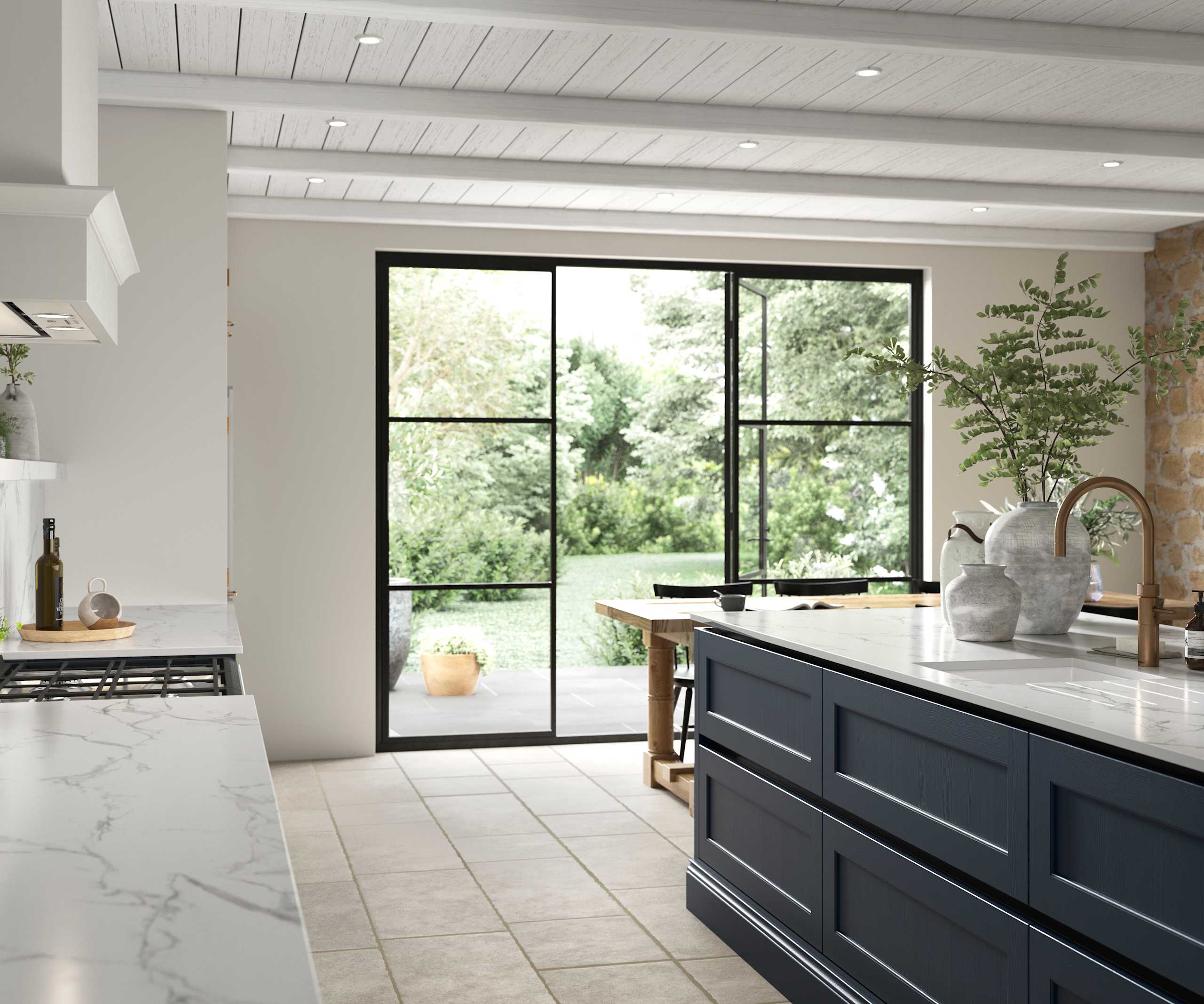 View of Integra Ludlow kitchen island in shade Midnight, with opened glass doors to a garden in the background.