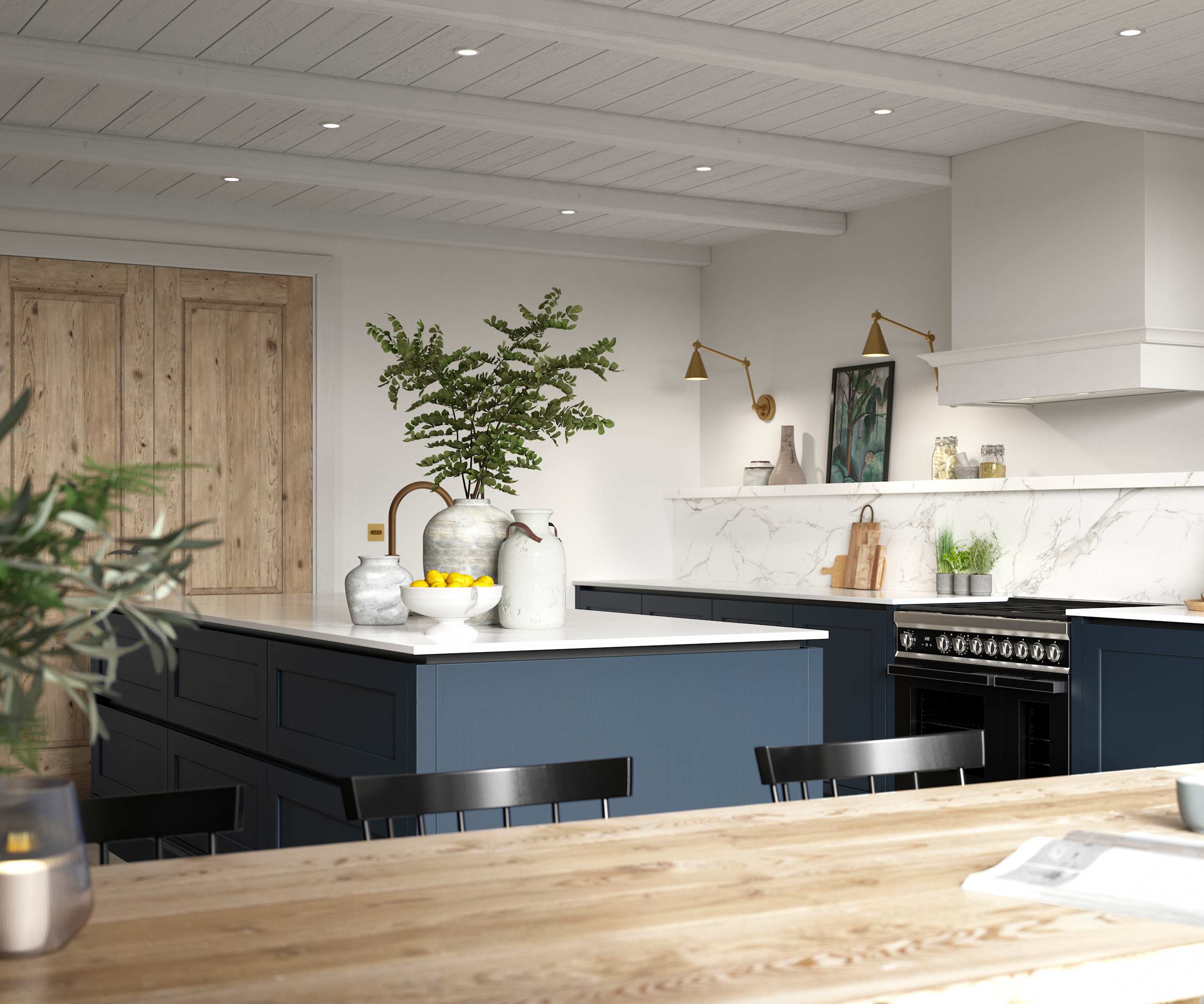 View of kitchen from dining room table, a modern and traditional kitchen decorated with green plats.