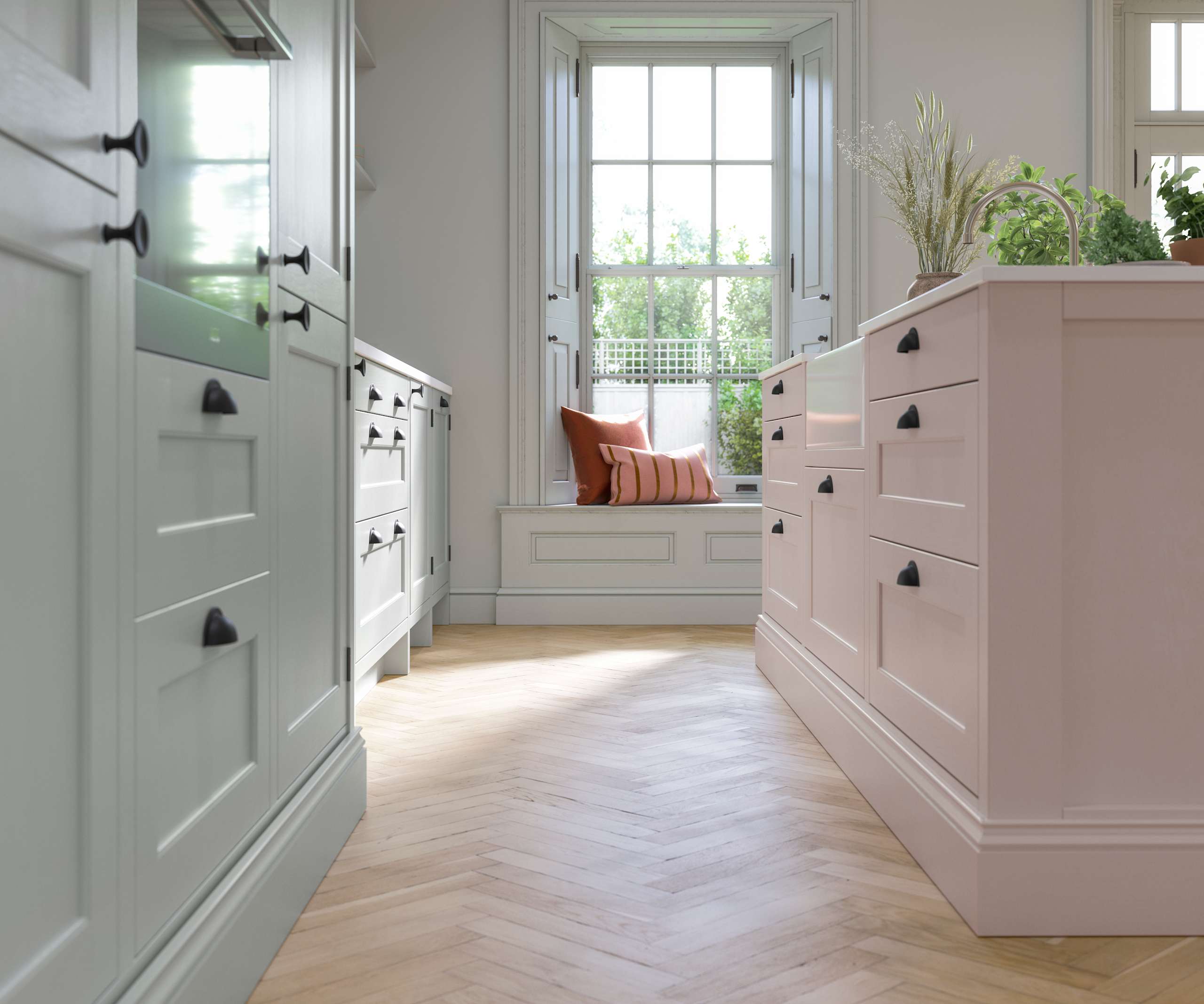 Ludlow, a traditional Shaker-style kitchen range featuring panelled doors with visible woodgrain and beading detail, in the light airy shade Seagrass.