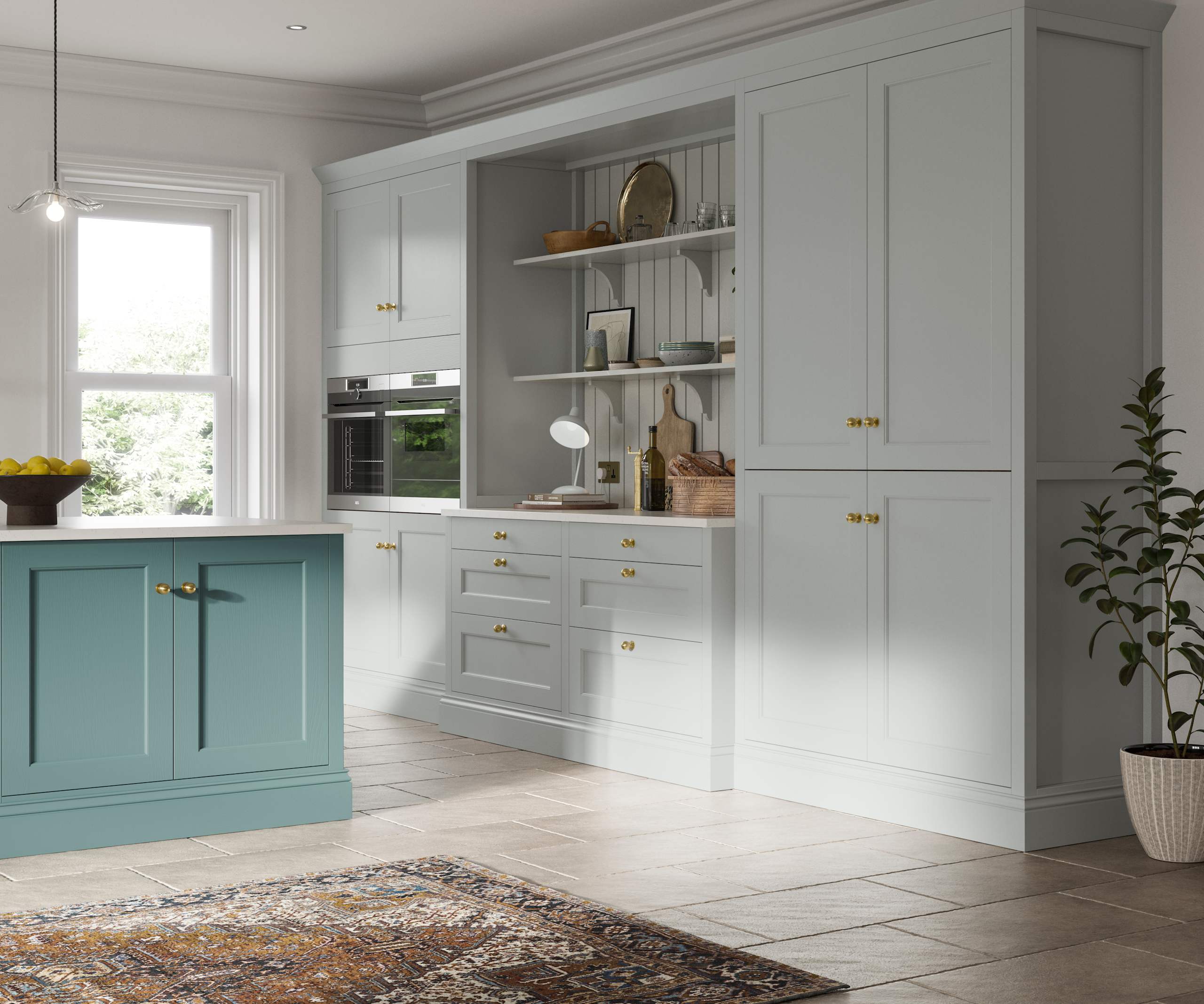 Traditional Shaker-style kitchen range featuring panelled doors with visible woodgrain and beading detail