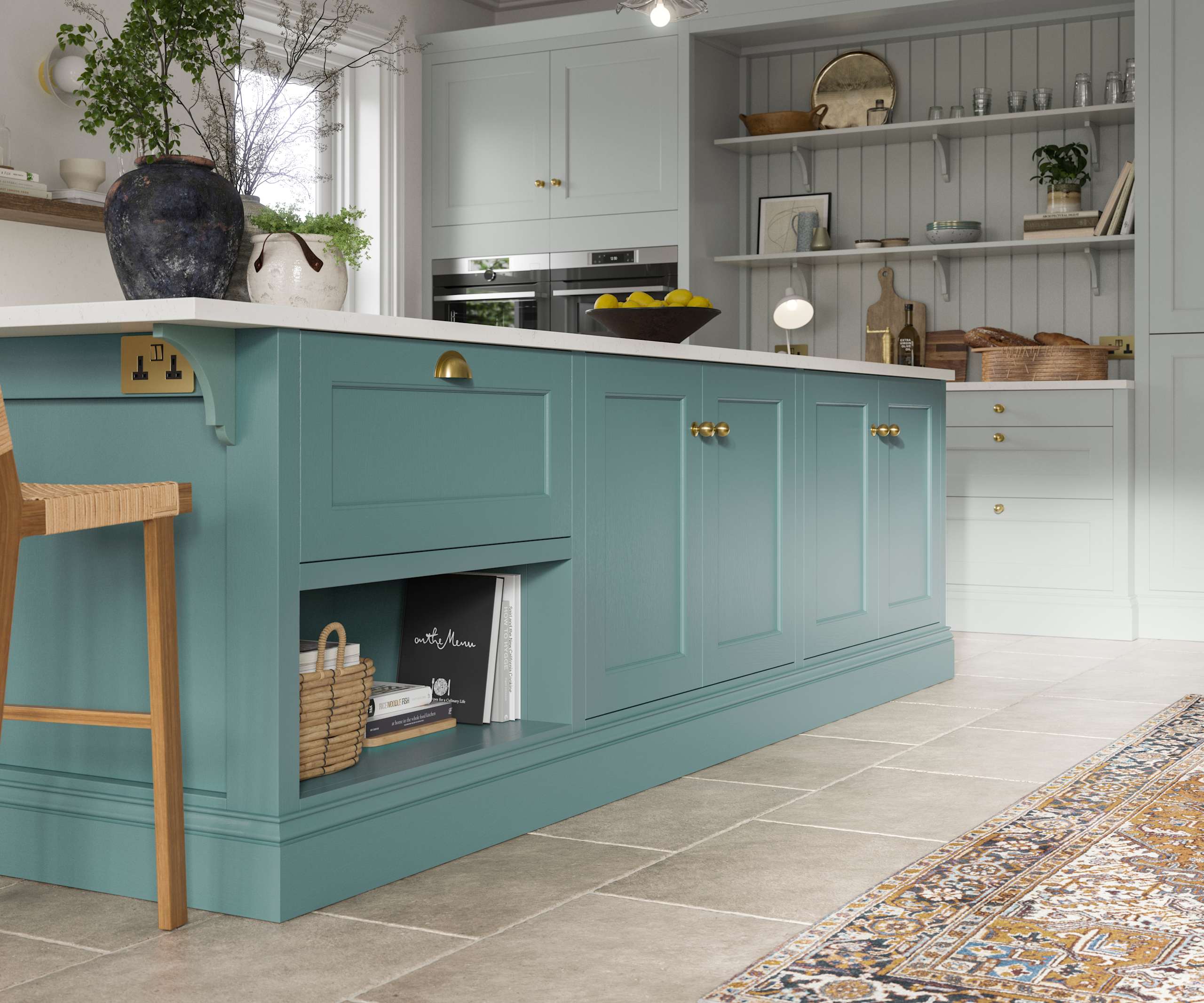 A stylish blue kitchen with contemporary Shaker panelling.