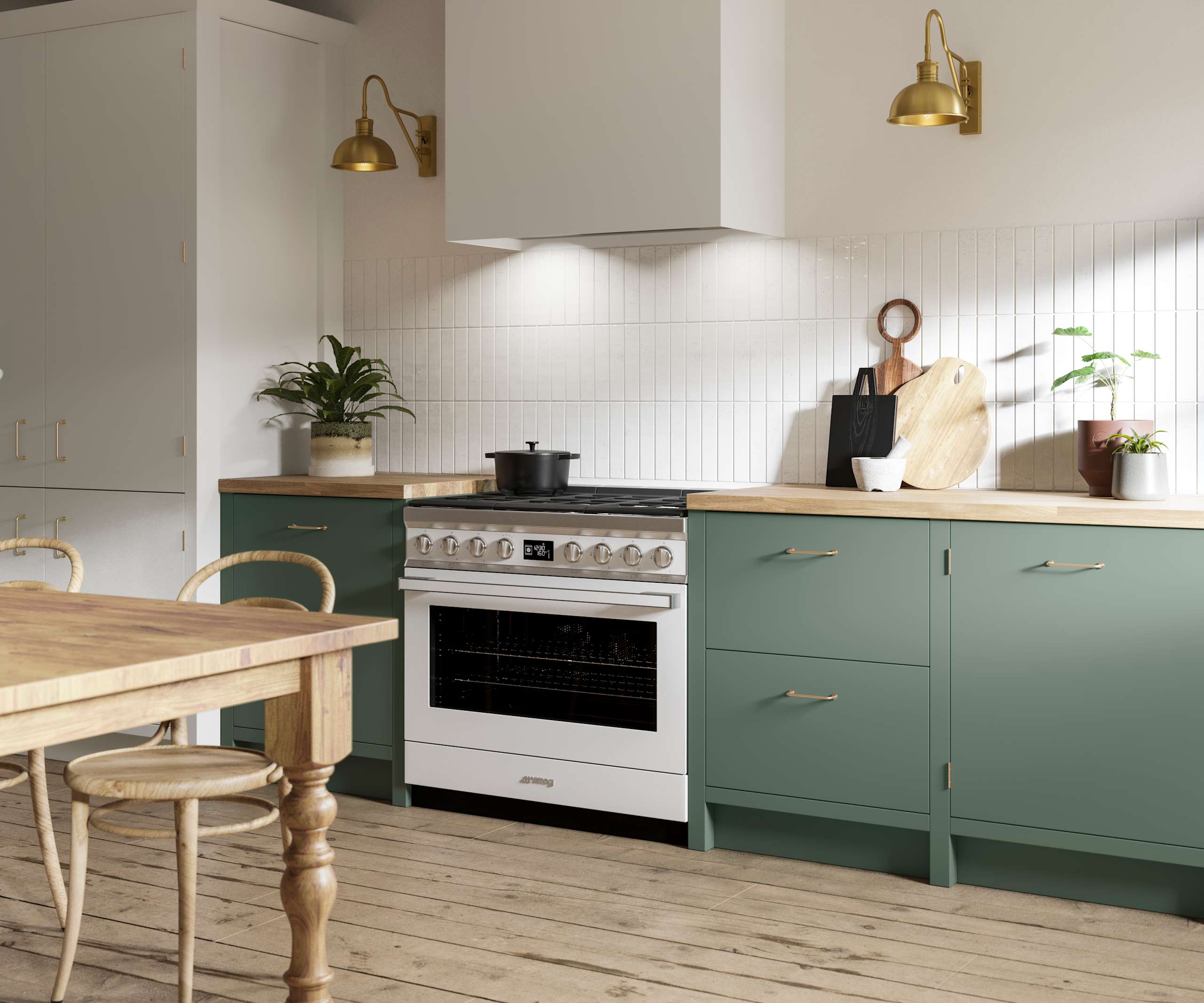 Soho Eucalyptus Green kitchen in charming contemporary cottage, a modern slab door with a painted rather than foil surface, for a truly premium look.