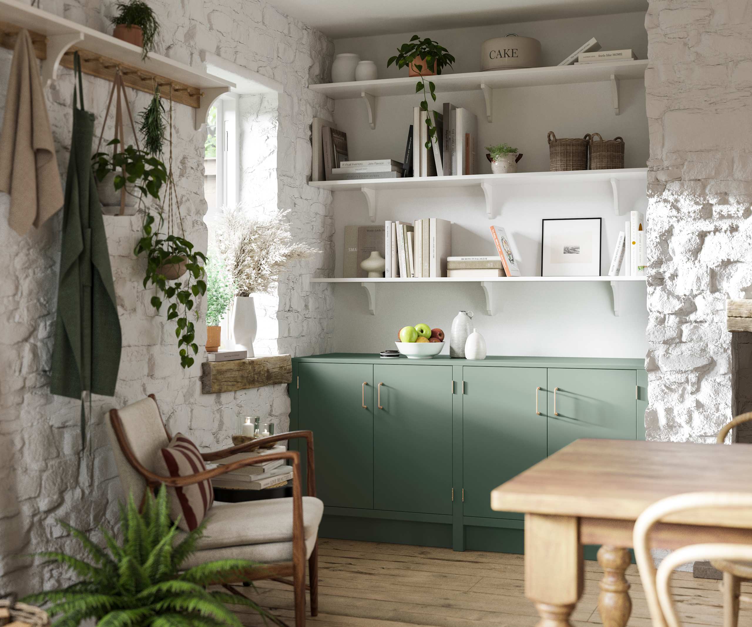 Living room in a charming contemporary cottage with Soho cabinetry in shade Eucalyptus green, a modern slab door with a painted rather than foil surface, for a truly premium look.