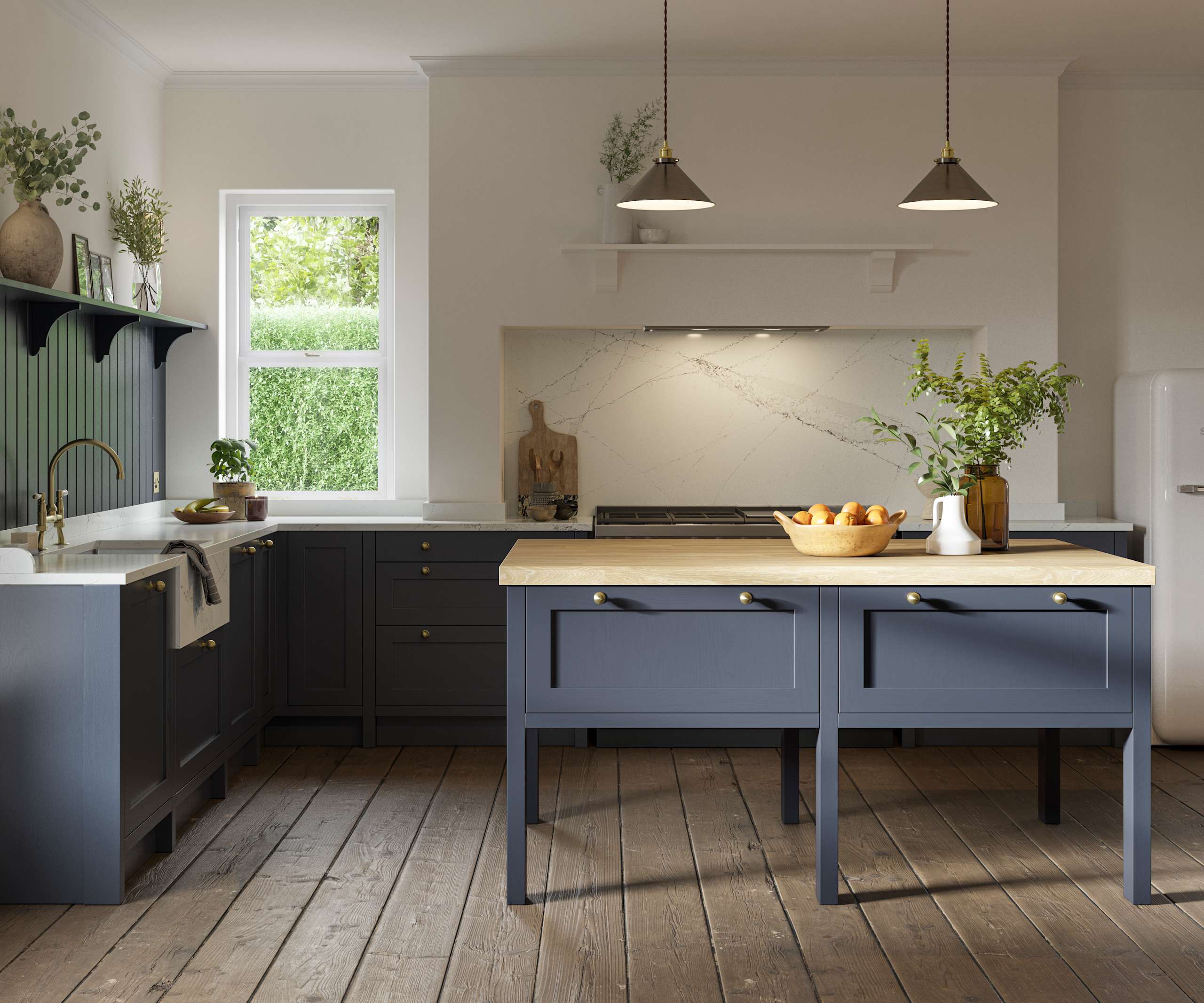 Open floorplan shaker kitchen in the dark blue shade Midnight, paired with a kitchen island and white Smeg fridge.