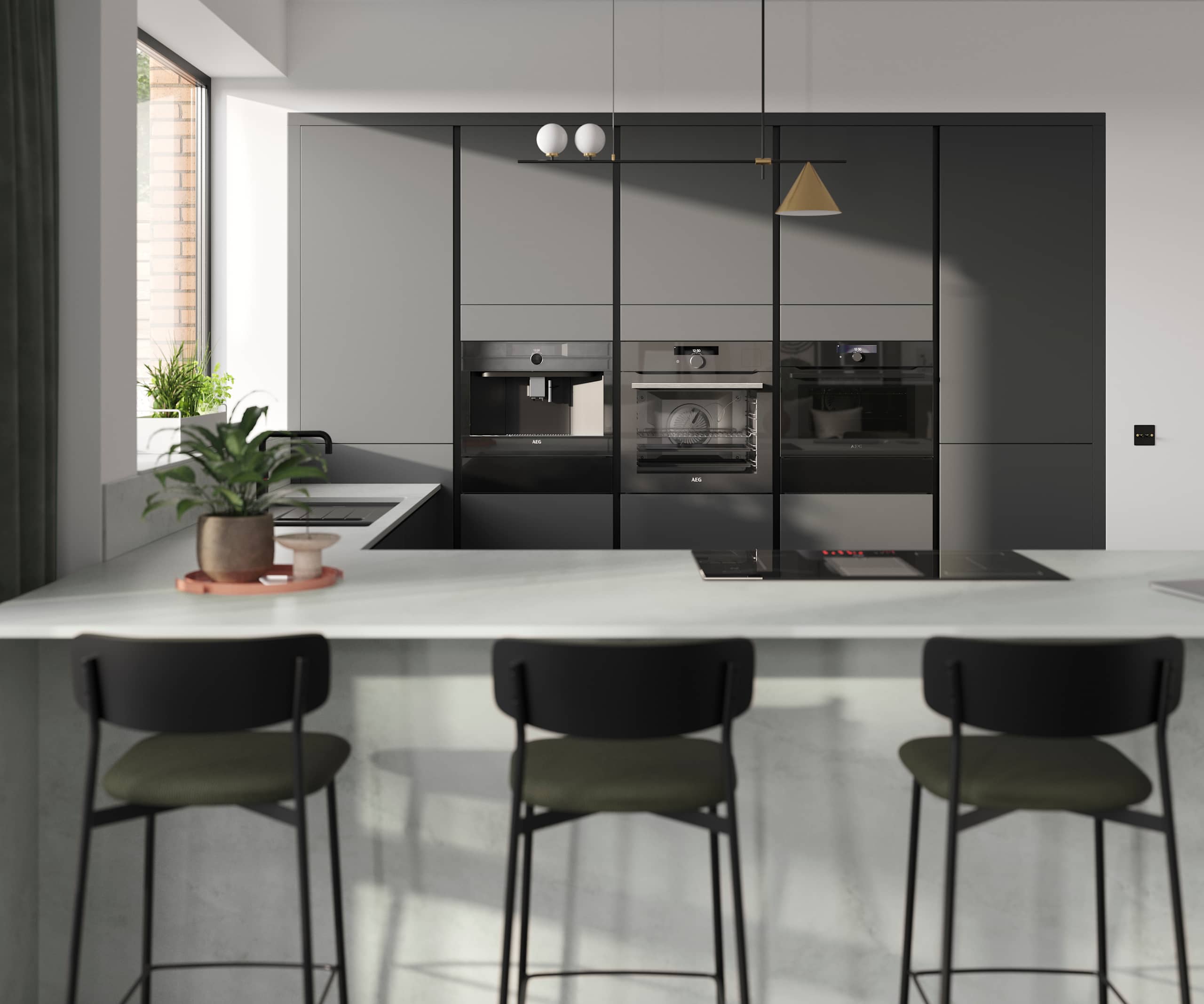Magnet Integra Arboretum green is a frameless slab door with integrated handles in a smooth paint finish.